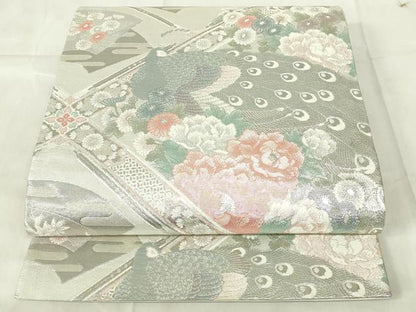 平和屋着物◎佐賀錦　六通柄袋帯　孔雀花文　プラチナ　正絹　逸品　DABB2606qp