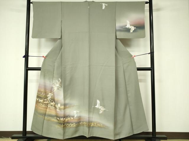 平和屋着物●訪問着　浜松飛鶴枝垂れ柳籬草花文　暈し染め　金銀彩　正絹　逸品　CABE2375yc 平和屋着物□訪問着 飛鶴花文 暈し染め 金銀彩 正絹