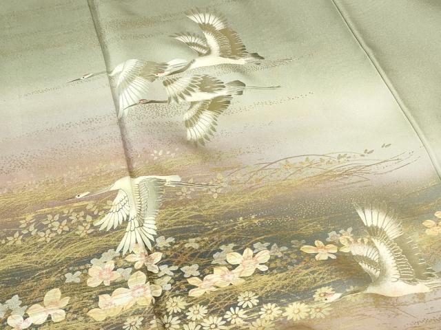 平和屋着物●訪問着　飛鶴風景文　暈し染め　正絹　逸品　AABI2427ck 平和屋着物□訪問着 立波飛鶴風景文 暈し染め 金銀彩