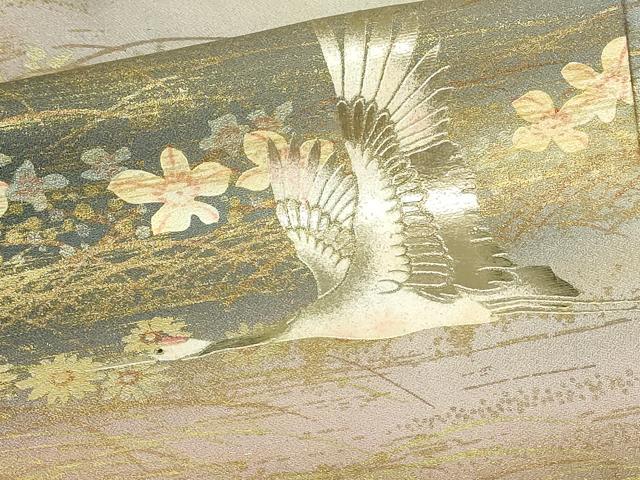 平和屋着物●訪問着　浜松飛鶴枝垂れ柳籬草花文　暈し染め　金銀彩　正絹　逸品　CABE2375yc 平和屋着物□訪問着 飛鶴花文 暈し染め 金銀彩 正絹