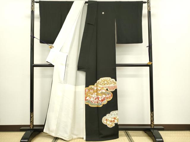 平和屋着物■豪華黒留袖　駒刺繍　梅　松　正絹　逸品　DABB2857qp