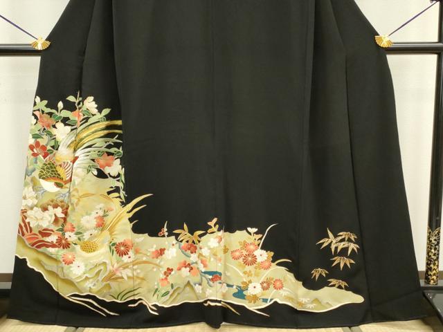 平和屋着物□豪華黒留袖 駒刺繍 向かい鳥更紗花文 金銀彩