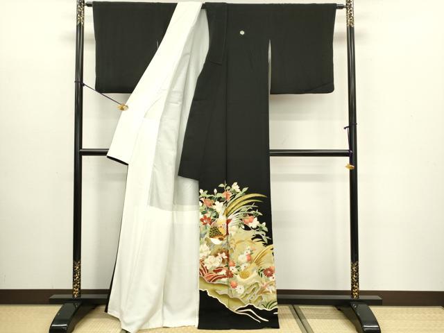 平和屋着物■豪華黒留袖　刺繍　尾長鳥花文　金銀彩　正絹　逸品　DABB2860qp