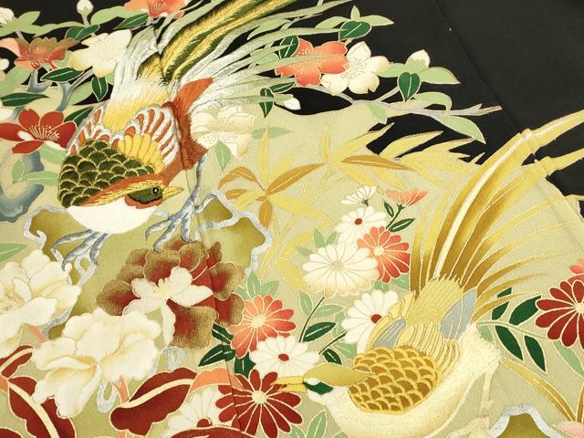平和屋着物□豪華黒留袖 駒刺繍 向かい鳥更紗花文 金銀彩