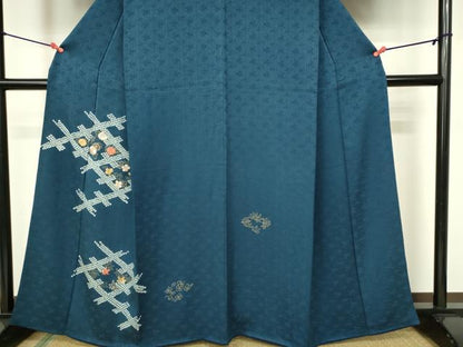 平和屋着物■訪問着　刺繍　絞り　格子花文　金彩　正絹　逸品　DABB2936qp