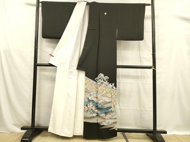 平和屋着物■豪華黒留袖　駒刺繍　流水鴛鴦草花文　金彩　正絹　逸品　DABB3059cm