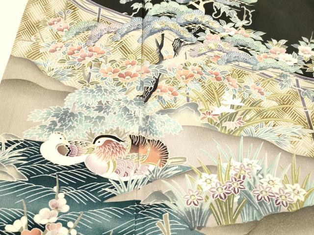 平和屋着物■豪華黒留袖　駒刺繍　流水鴛鴦草花文　金彩　正絹　逸品　DABB3059cm