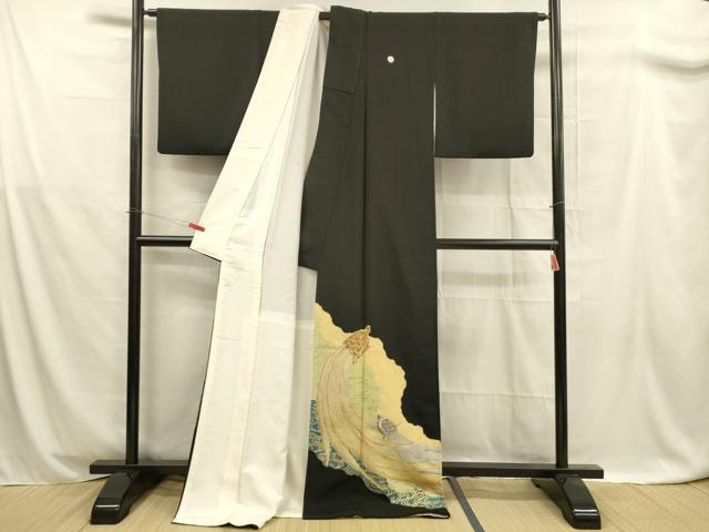 平和屋着物■豪華黒留袖　流水文　蓑亀　金銀彩　ロング丈　正絹　逸品　DABB3063cm