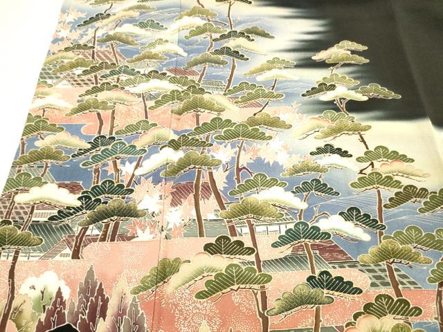 平和屋着物■豪華黒留袖 作家者 風景流水松文 暈し染め 金彩 正絹 逸品 DABB3089cm