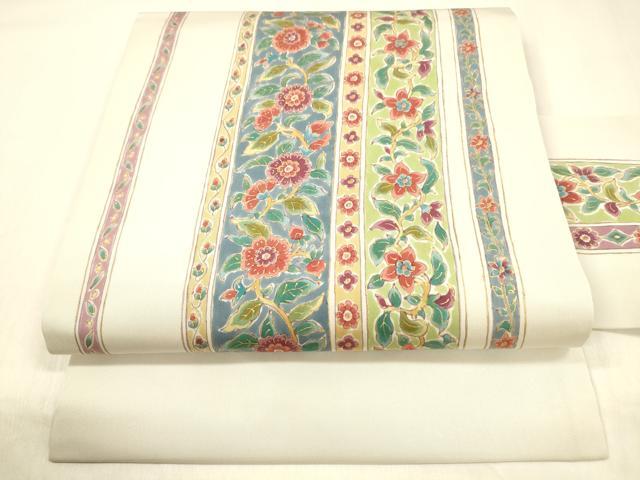 平和屋着物●塩瀬 九寸名古屋帯 草花間道 金彩 正絹 逸品 DABB3135cm