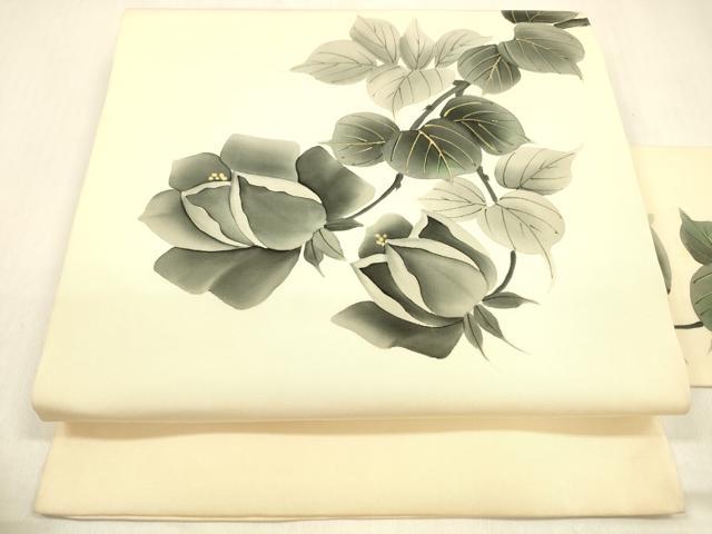 平和屋着物●塩瀬 九寸名古屋帯 手描き 枝花文 金彩 正絹 逸品 DABB3136cm