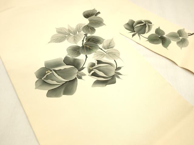 平和屋着物●塩瀬 九寸名古屋帯 手描き 枝花文 金彩 正絹 逸品 DABB3136cm