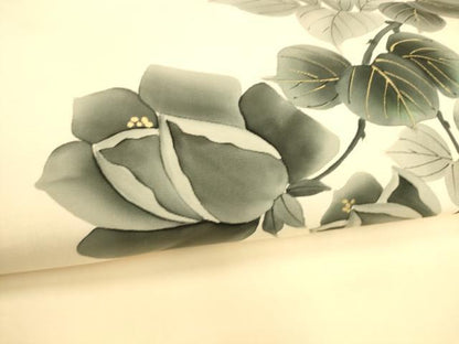 平和屋着物●塩瀬 九寸名古屋帯 手描き 枝花文 金彩 正絹 逸品 DABB3136cm