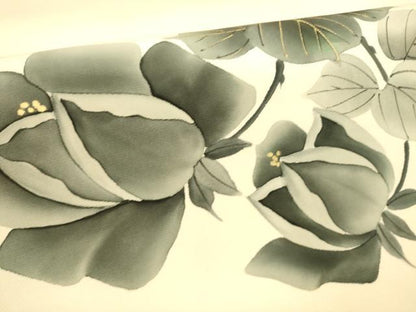 平和屋着物●塩瀬 九寸名古屋帯 手描き 枝花文 金彩 正絹 逸品 DABB3136cm
