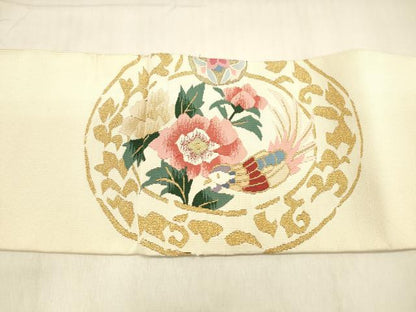 平和屋着物●爪掻き本綴れ 八寸名古屋帯 花鳥文 金糸 正絹 逸品 DABB3138cm