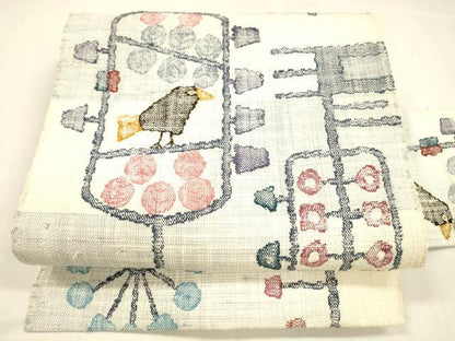 平和屋着物●八寸名古屋帯 紬地 抽象鳥文 正絹 逸品 DABB3139cm
