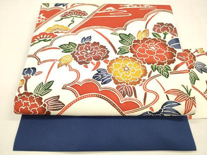 平和屋着物●塩瀬 全通柄九寸名古屋帯 型染 草花松文 正絹 逸品 DABB3140cm
