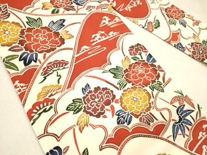 平和屋着物●塩瀬 全通柄九寸名古屋帯 型染 草花松文 正絹 逸品 DABB3140cm