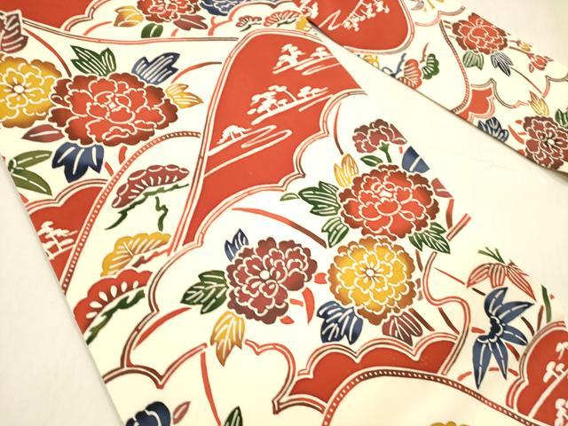 平和屋着物●塩瀬 全通柄九寸名古屋帯 型染 草花松文 正絹 逸品 DABB3140cm