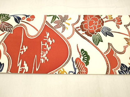 平和屋着物●塩瀬 全通柄九寸名古屋帯 型染 草花松文 正絹 逸品 DABB3140cm