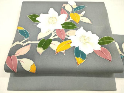 平和屋着物●塩瀬 九寸名古屋帯 友禅 作家物 枝花文 正絹 逸品 DABB3142cm