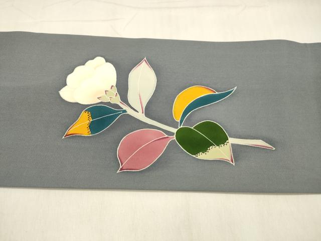 平和屋着物●塩瀬 九寸名古屋帯 友禅 作家物 枝花文 正絹 逸品 DABB3142cm