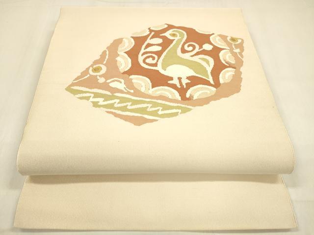 平和屋着物●爪掻き本綴れ 八寸名古屋帯 花鳥文 正絹 逸品 DABB3148cm