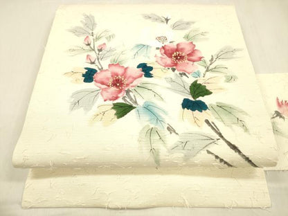 平和屋着物●九寸名古屋帯 作家物 手描き 髭紬 枝花文 正絹 逸品 DABB3149cm