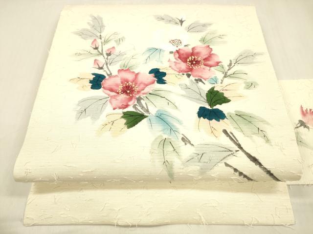 平和屋着物●九寸名古屋帯 作家物 手描き 髭紬 枝花文 正絹 逸品 DABB3149cm