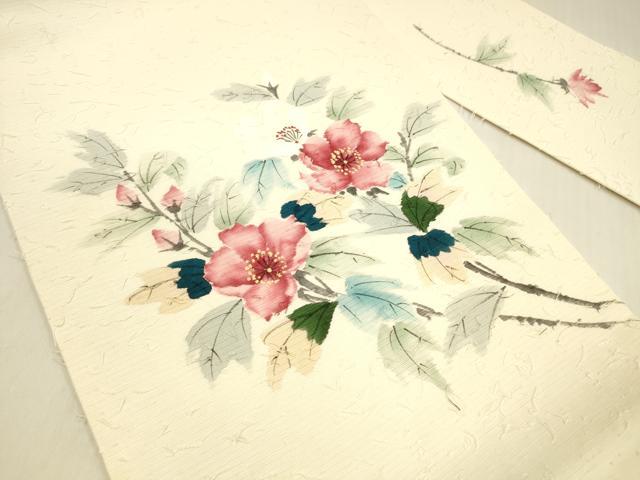 平和屋着物●九寸名古屋帯 作家物 手描き 髭紬 枝花文 正絹 逸品 DABB3149cm
