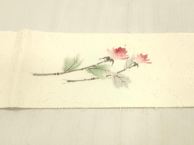 平和屋着物●九寸名古屋帯 作家物 手描き 髭紬 枝花文 正絹 逸品 DABB3149cm