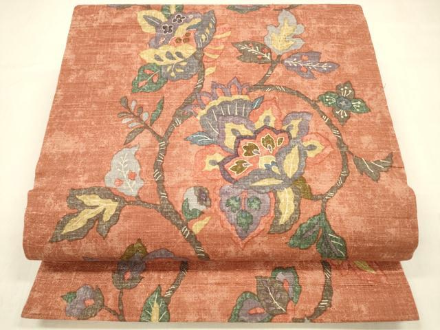 平和屋着物●全通柄九寸開き名古屋帯 紬地 更紗花文 正絹 逸品 DABB3159cm