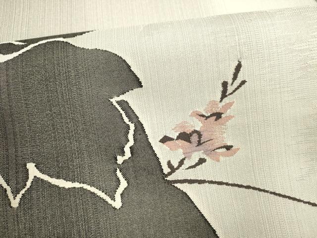 平和屋着物●六通柄袋帯 すくい織 枝葉文 銀糸 正絹 逸品 DABB3163cm