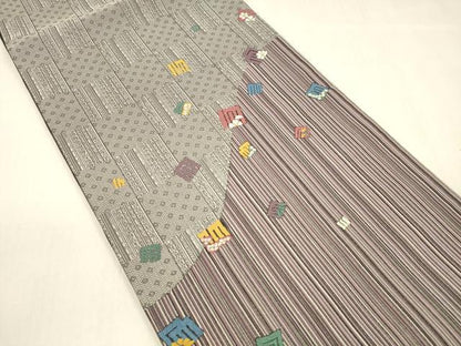 平和屋着物●両面 太鼓柄袋帯 唐織 源氏香花文 銀糸 正絹 逸品 DABB3164cm