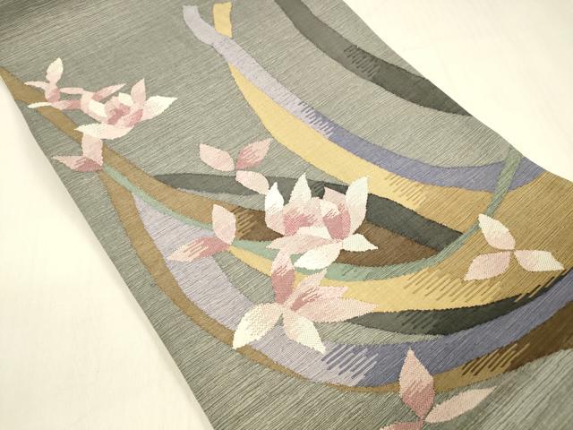 平和屋着物▽両面 六通柄袋帯 スリーシーズン 春夏秋 すくい織 枝花文 抽象文様 正絹 逸品 DABB3175cm