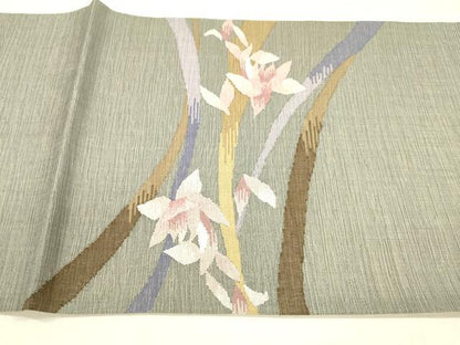 平和屋着物▽両面 六通柄袋帯 スリーシーズン 春夏秋 すくい織 枝花文 抽象文様 正絹 逸品 DABB3175cm