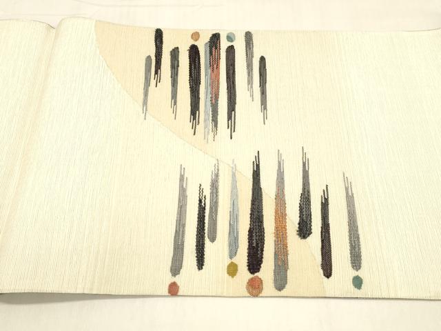 平和屋着物▽両面 六通柄袋帯 スリーシーズン 春夏秋 すくい織 枝花文 抽象文様 正絹 逸品 DABB3175cm