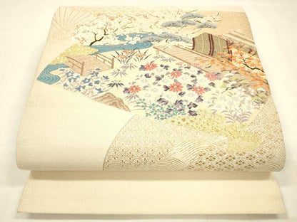 平和屋着物●綴れ 太鼓柄袋帯 扇面風景文 金糸 正絹 逸品 DABB3177cm
