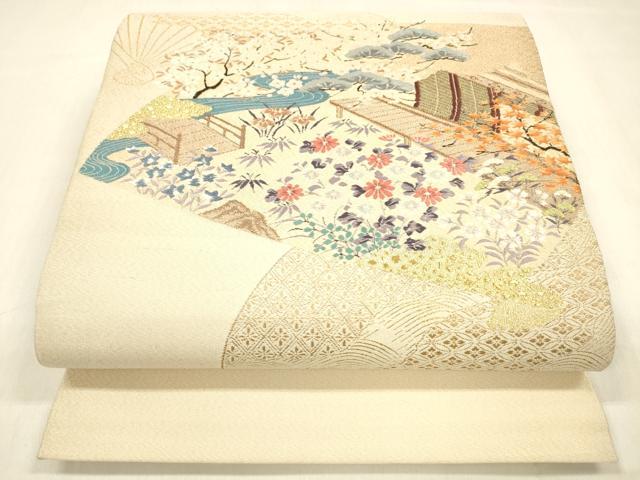 平和屋着物●綴れ 太鼓柄袋帯 扇面風景文 金糸 正絹 逸品 DABB3177cm