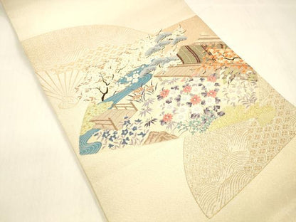 平和屋着物●綴れ 太鼓柄袋帯 扇面風景文 金糸 正絹 逸品 DABB3177cm
