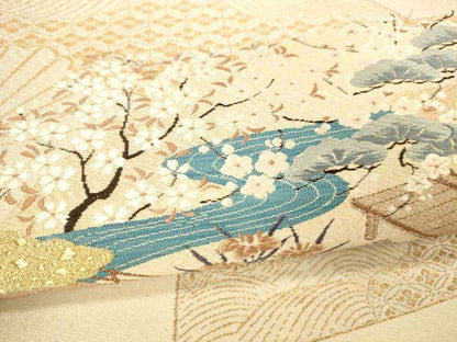 平和屋着物●綴れ 太鼓柄袋帯 扇面風景文 金糸 正絹 逸品 DABB3177cm
