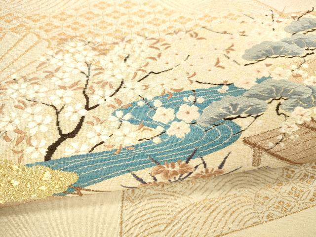 平和屋着物●綴れ 太鼓柄袋帯 扇面風景文 金糸 正絹 逸品 DABB3177cm