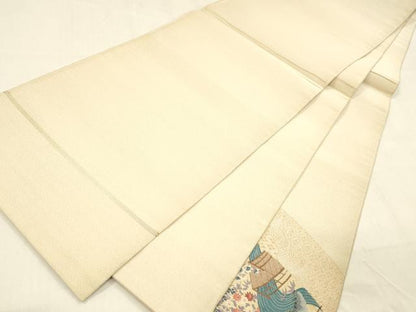 平和屋着物●綴れ 太鼓柄袋帯 扇面風景文 金糸 正絹 逸品 DABB3177cm