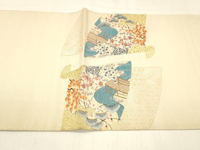 平和屋着物●綴れ 太鼓柄袋帯 扇面風景文 金糸 正絹 逸品 DABB3177cm