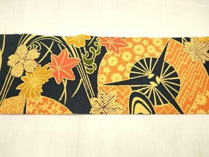 平和屋着物●全通柄九寸名古屋帯 型染 流水水車花文 鬼しぼ縮緬 正絹 逸品 DABB3185cm
