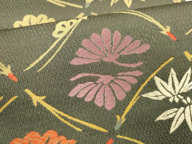 平和屋着物●世界的友禅作家　千地泰弘　六通柄袋帯　松葉花文　銀糸　金通し地　証紙付き　正絹　逸品　DABB3189cm 平和屋着物○世界的友禅作家 千地泰弘 六通柄袋帯 松葉花文 銀糸 金