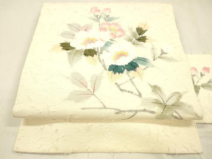平和屋着物●九寸名古屋帯 作家物 髭紬 手描き 枝花文 正絹 逸品 DABB3193cm
