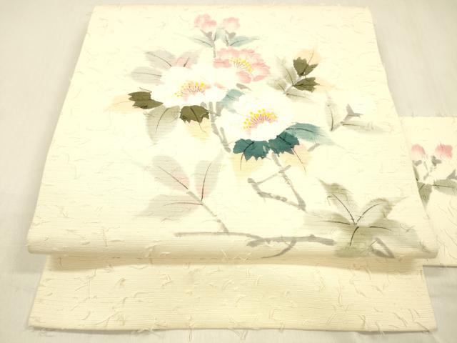平和屋着物●九寸名古屋帯 作家物 髭紬 手描き 枝花文 正絹 逸品 DABB3193cm