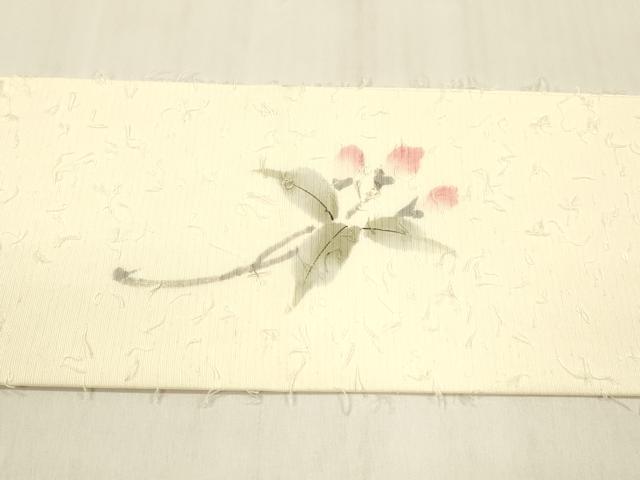 平和屋着物●九寸名古屋帯 作家物 髭紬 手描き 枝花文 正絹 逸品 DABB3193cm