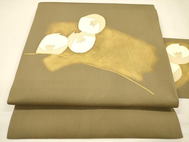 平和屋着物●塩瀬 九寸名古屋帯 駒刺繍 舞花文 朽葉色 金彩 正絹 逸品 DABB3195cm